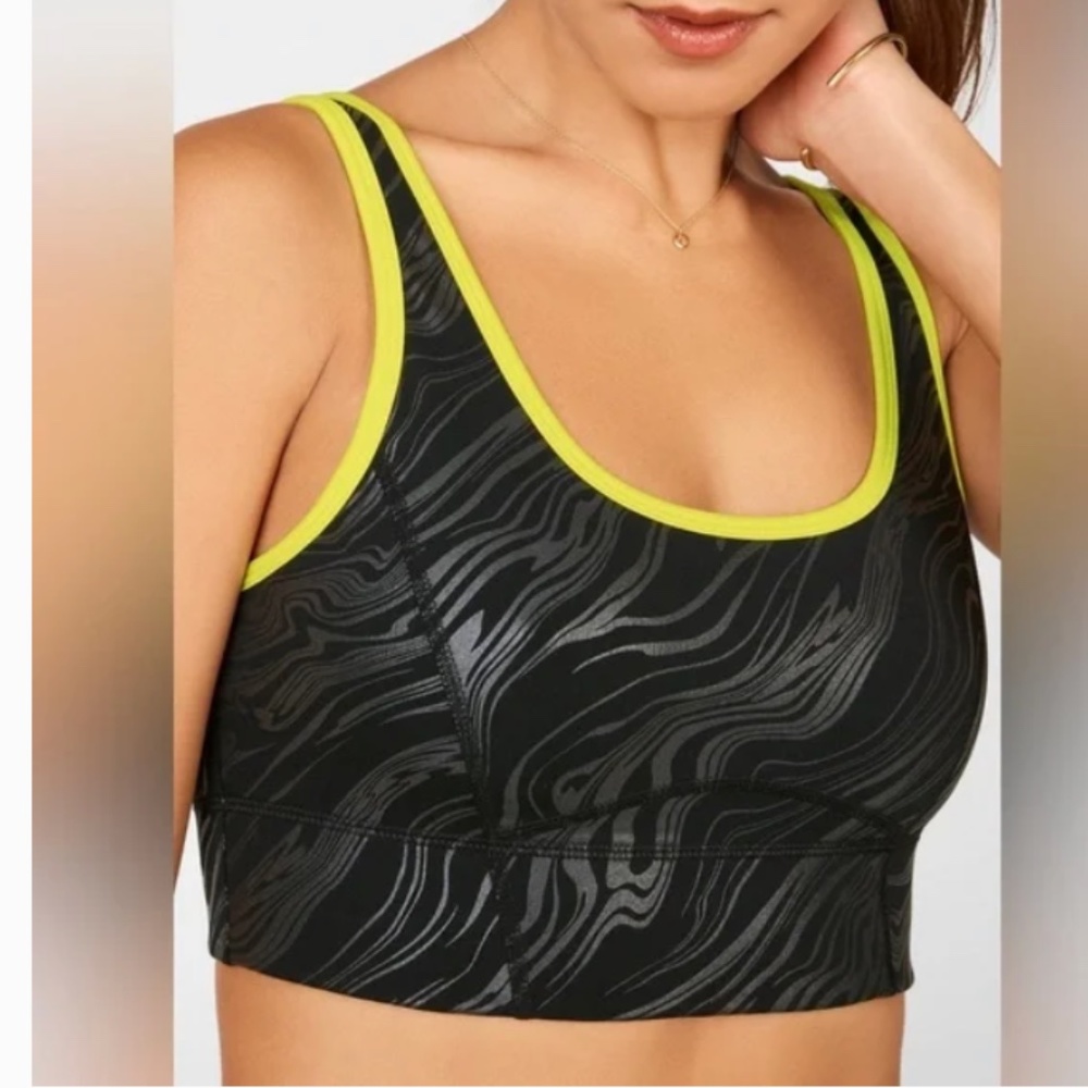 Fabletics Black Marbleized/ Zest Medium Impact Sports Bra